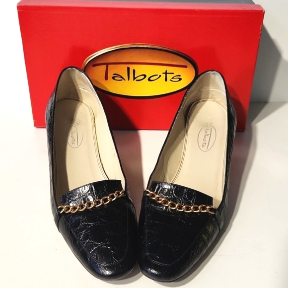 Talbots Black Leather Croc Embossed Gold Chain Detail Heels Size 8 W - Picture 6 of 13